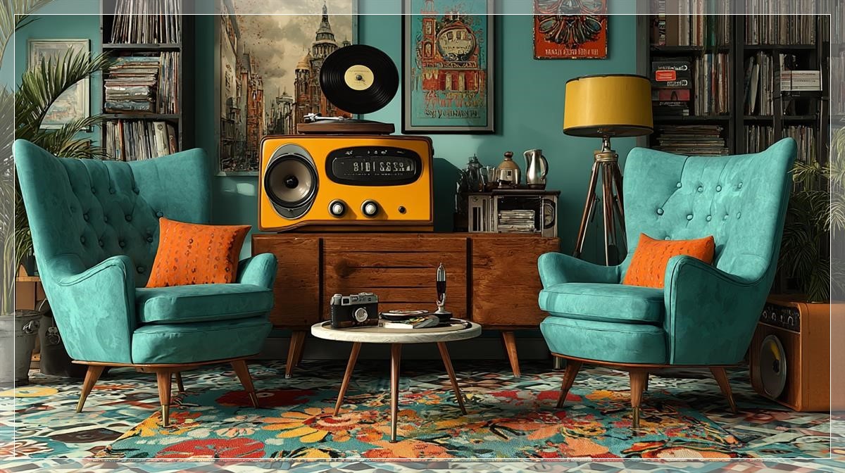 Phòng khách retro đầy cảm hứng với không gian ấm cúng...