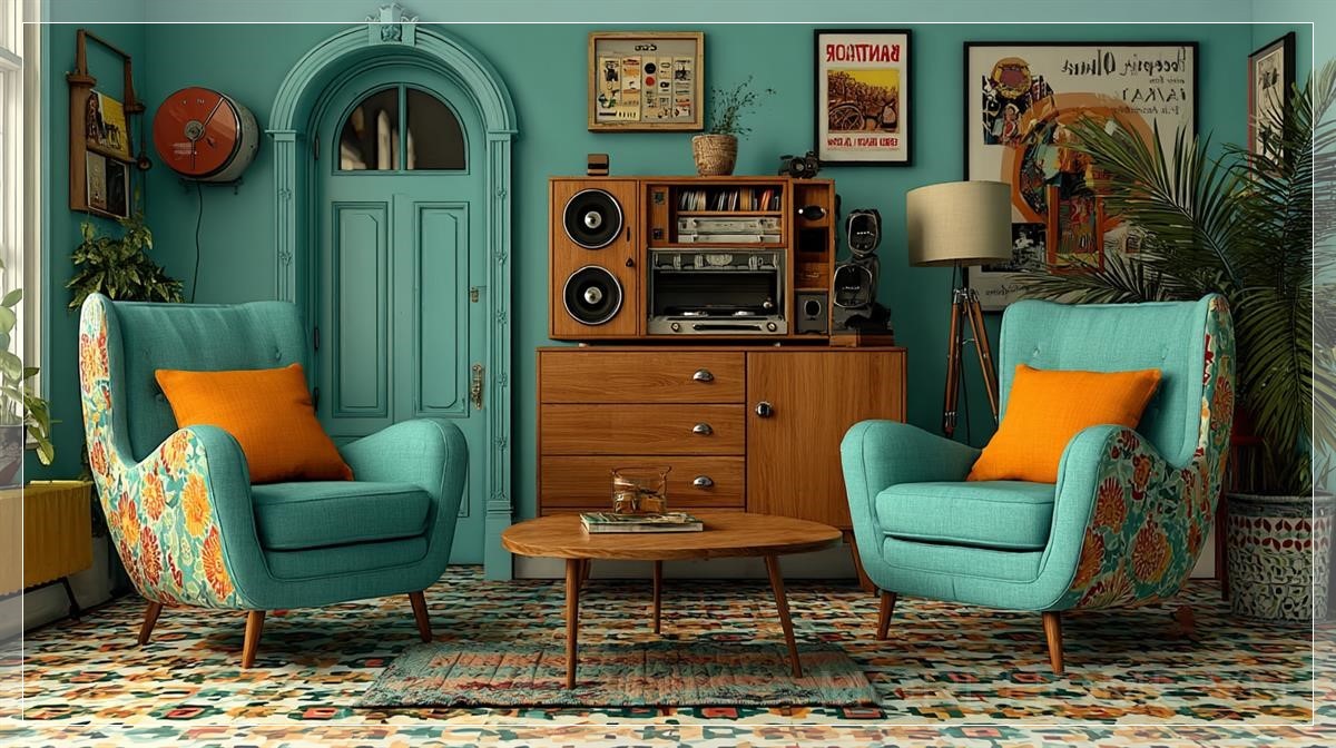 Phòng khách retro đầy cảm hứng với không gian ấm cúng...