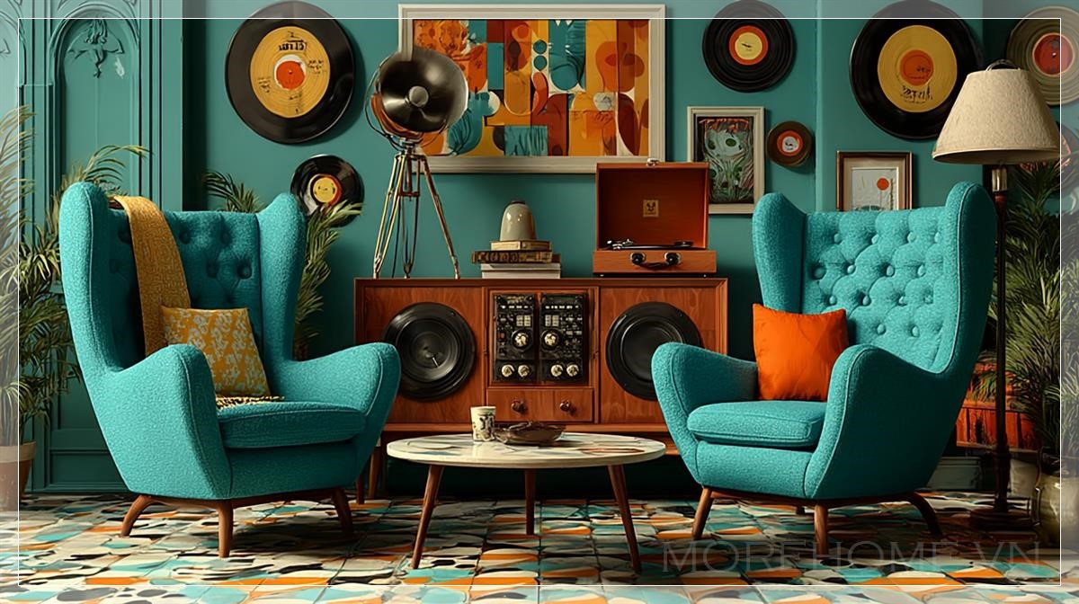 Phòng khách retro đầy cảm hứng với không gian ấm cúng...