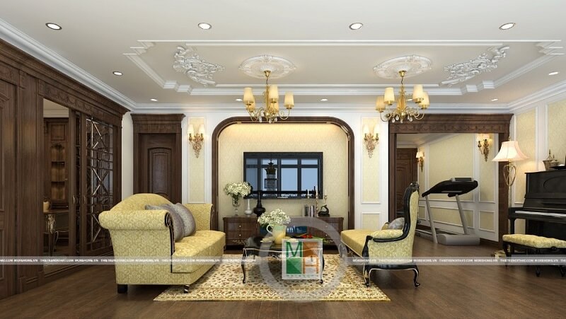Mẫu thiết kế chung cư tân cổ điển đẹp với đồ nội thất gỗ màu nâu trầm và cách xếp hợp lí mang đến không gian sống lí tưởng cho gia chủ. Thiết kế chung cư