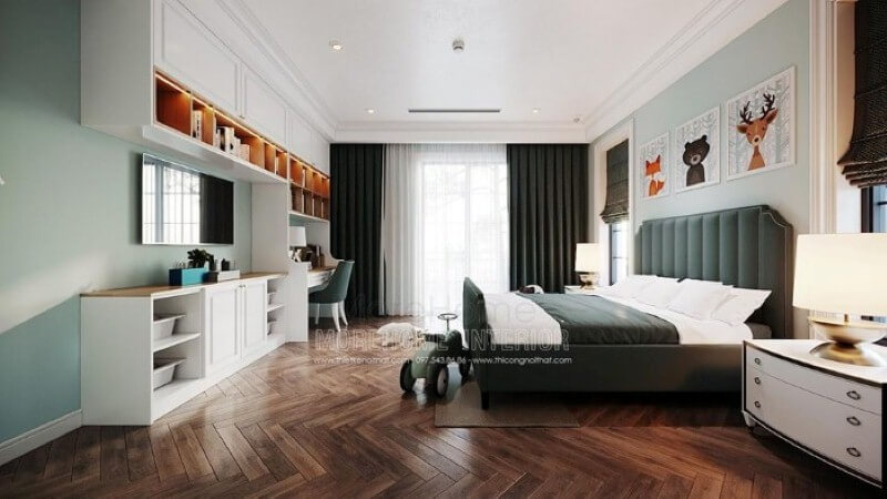 Bàn học liền kệ tivi, kệ trang trí đẹp cho phòng bé trai. Thiết kế nội thất biệt thự