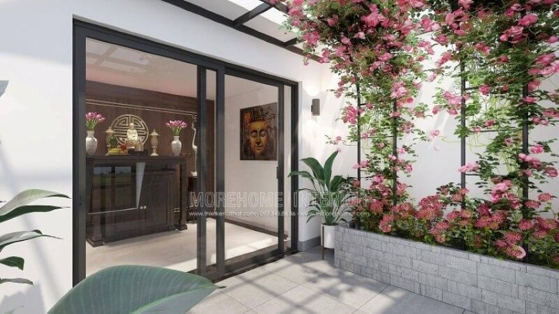 Morehome xin giới thiệu mẫu thiết kế phòng thờ thờ Phật Quan Âm trên đây với tủ thờ bằng gỗ óc chó cao cấp kết hợp cùng tấm gỗ ốp tường với trọng tâm chữ Thọ tạo điểm tinh tế có phía trước hướng ra vườn hoa tuyệt đẹp sẽ là gợi ý lý tưởng cho không gian nhà phố, biệt thự. Thiết kế nội thất biệt thự