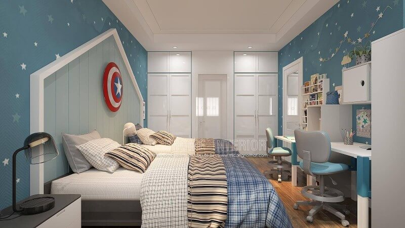 Nếu bạn đang băn khoăn bố trí phòng vệ sinh khép kín liền mạch với phòng ngủ của 2 cậu con trai thì ý tưởng sử dụng phòng tắm đi từ cửa giữa 2 tủ quần áo âm tường là một cách sắp xếp khá độc đáo vừa tinh gọn vừa đẹp. Thiết kế nội thất biệt thự