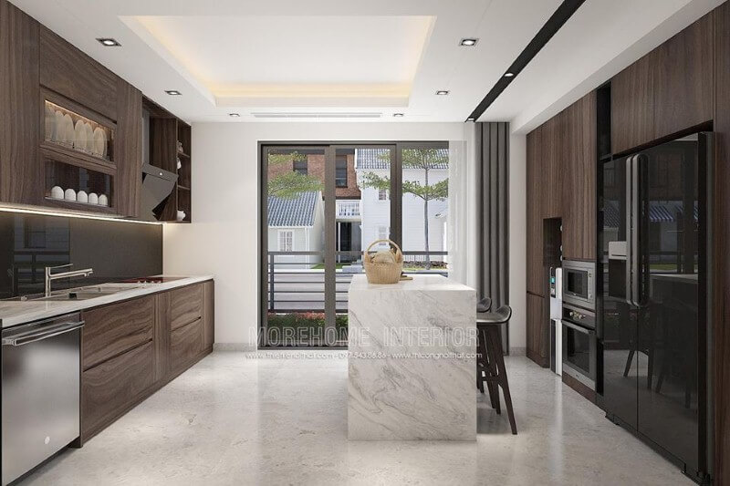 Thiết kế phòng bếp hiện đại ấn tượng với đồ gỗ An Cường cao cấp. Thiết kế nội thất biệt thự