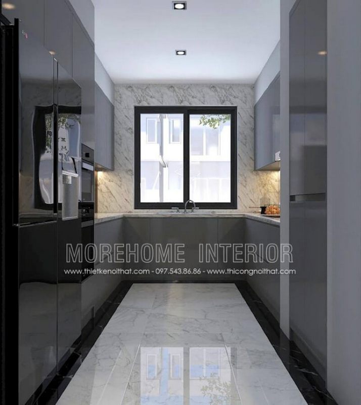 Trang trí nội thất phòng bếp không được lớn, việc sử dụng máy hút mùi có thể giúp lọc sạch không khí tuy nhiên việc bố trí cửa sổ lớn vừa giúp không khí lưu thông lại mang lại nguồn sinh khí có thể là điểm đáng chú ý.