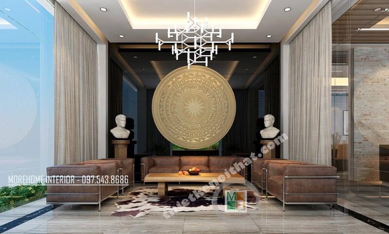 Mẫu thiết kế nội thất sảnh văn phòng công ty sang trọng với sự kết hợp đồ nội thất độc đáo