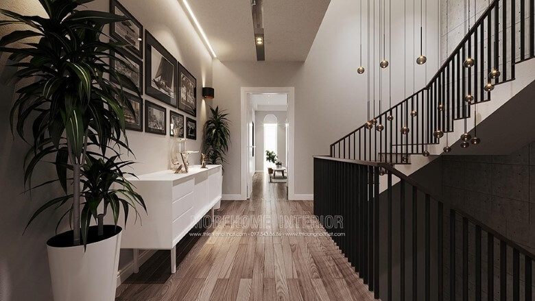 Trang trí nội thất nhà đẹp với kiểu cầu thang hiện đại bằng sắt hộp mặt bậc cầu thang bằng gỗ ấn tượng